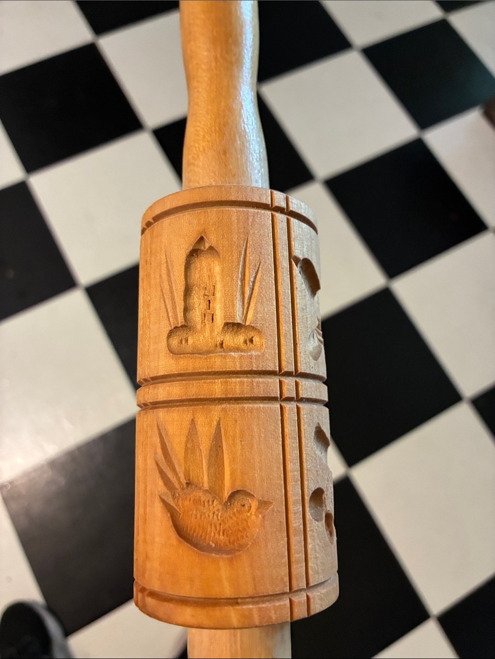 Carved Wooden Rolling Pin with bird & Floral Motifs